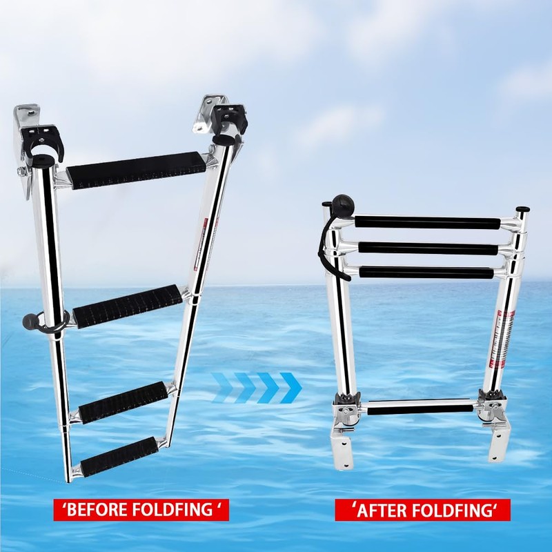 Mojiate Made Stainless Steel Boat Ladder 4-Step, Telescoping Transom Stepladder,