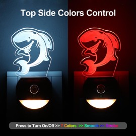 Joigivit Dual-Head Shark Smart Night Lights [2 Pack] - 3000K Auto-Sensor Warm Light & 7-Color RGB Key-Control | Cute Room Decor, Bedroom, Bathroom Gift