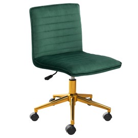 Furniliving Home Office Chair, Armless Vanity Chair with Wheels Swivel Velvet Computer Rolling Desk Chair with Back, Adjustable Accent Chair with Gold Metal Base Stool Chair,DarkGreen