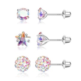 Sllaiss 3 Pairs of Earrings Silver 925 Stud Earrings for Women Girls Cubic Zirconia Stud Earrings Small Star Ball Shiny Cute Screw Flat Back White Gold Plated Earrings Set 4-6 mm, Silver, Cubic