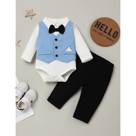 Crazyme Newborn Baby Boy Clothes Long Sleeve Gentleman Outfits Wedding Tuxedo Suit Blue 0-3 Months