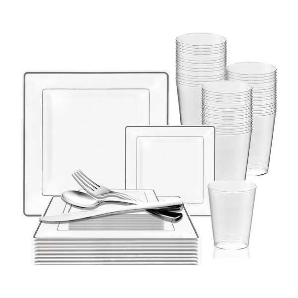 720 Piece Elegant Disposable Plastic Dinnerware Set for 120 Guests - Fancy Square White Silver-Rimmed Dinner Plates, Dessert Plates, Silverware Set & Cups For Wedding, Birthday & All Occasions