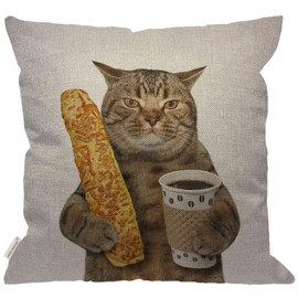 HGOD DESIGNS Funny Cat Throw Pillow Cover,The Cat is Holding A Cup of Black Coffee and A Baguette Decorative Couch Sofa Bedroom Burlap Pillow Cases for Men/Women/Girls/Boy/Children Room 18x18 Inch