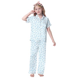 Umeyda Girls Pajamas, Satin Pjs Silk Sleepwear Comfy Family Matching 2Pcs Lightweight Loungewear Gift for Teen Kids, Blue Leopard, 11-12 Years = Tag 160