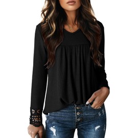 Dokotoo Womens Tops Ladies Long Sleeve Shirts for Women Early Fall Fashion Outfits for Women Solid Loose Waffle Knit Textured Casual T Shirts Tee Tunic Tops and Blouse Business Clothes Black L