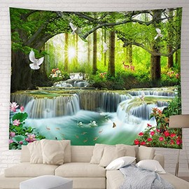 YSATNSFT Waterfall Tapestry Nature Forest Tree Wild Animals Sunrise Spring Summer Scenery Home Decor Tapestries Wall Blanket For Bedroom Living Room Dorm(59.1 x 51 inches)