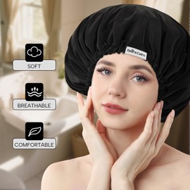 Years calm Shower Cap Reusable Waterproof, Double-Layer Hair Cap, with Elastic Band, Ideal for Shower, Spa, Travel & Cleaning (black, One Size)