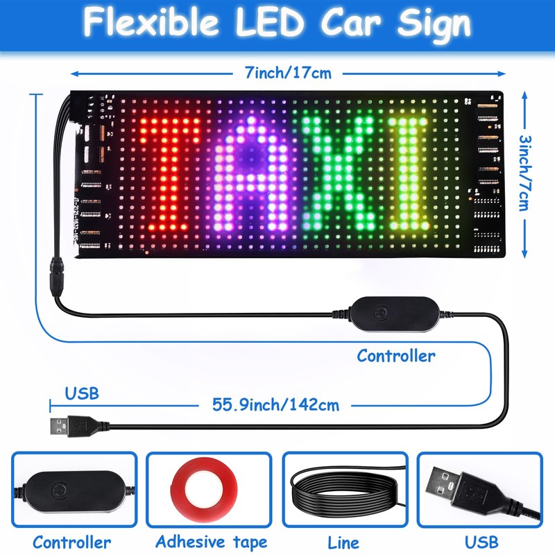 Mini Scrolling LED Car Sign,Bluetooth USB 5V Flexible Panel 7''x3''
