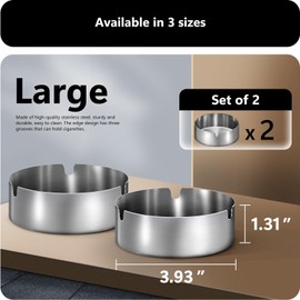 roygra Ashtray 2 Pack, Stainless Steel Ash Tray for Indoor or Outdoor Use, Unbreakable Tabletop Ash Holder for Home Outside Office Patio Balcony - Silver, Large
