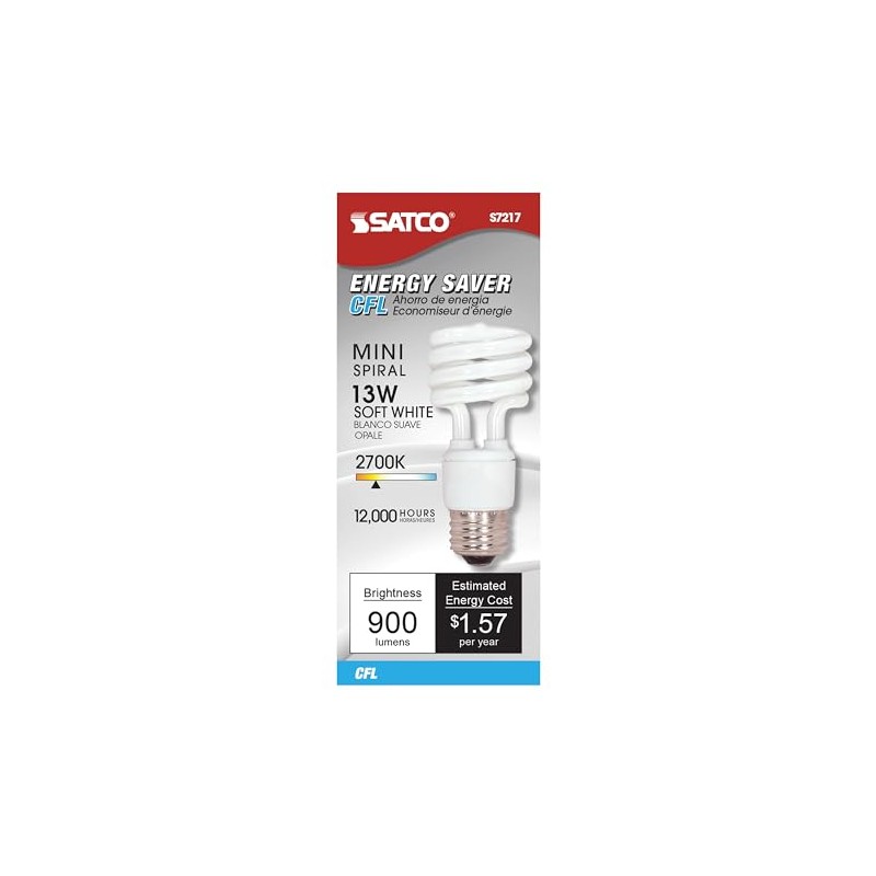 Satco S7217 13-Watt Medium Base T2 Mini Spiral, 2700K, 120V,