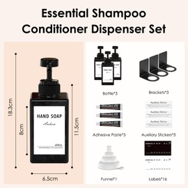 Anhow 3pcs Soap Dispenser Set, 450ml Wall Mounted Dispenser 17oz Drill Free Shampoo and Conditioner Dispenser with 16pcs Labels for Bathroom, Kitchen - Black