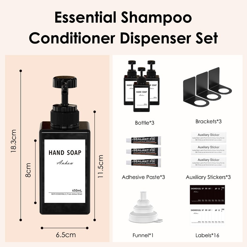 Anhow 3pcs Soap Dispenser Set, 450ml Wall Mounted Dispenser 17oz