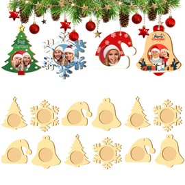 Wooden Christmas Santa Hat Photo Ornaments Crafts to Paint for Christmas Tree Picture Frame Presents Stockings Decoration ，Snowflakes Color Your Own Xmas Picture Frame Hanging Ornament Craft （12 PCS）