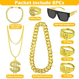 Pack of 8 Costume, 80s 90s Outfit, Men's Hip Hop Costume, Rapper Accessories, Hip Hop Dollar Necklace, Gold Ring, Sunglasses, Gold Chain for Carnival, Party Accessories, Golden