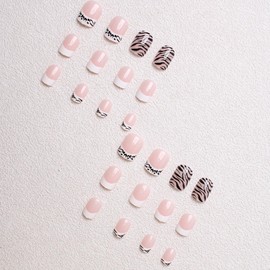Short Press on Nails Square Fake Nails French Glue on Nails Leopard Print Stick on Nails Pink False Nails Glossy Artificial Nails Full Cover Acrylic Nails Reusable Nails Kit for Women Girl 24Pcs