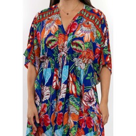 Women's Silk Blend Tropical Floral Kaftan One Size Beach Cover Up Hawaii Print Boho Resort Cardigan Cruise Vacation Swimsuits, Blue, XX-Small-XX-Large Tall