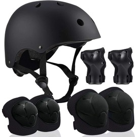 Adjustable Helmet for Ages 5-16, Protective Gear Set with Elbow, Knee & Wrist Pads for Kids, Boys, Girls, Include Skateboarding, Bike Riding, Scooter, Inline Skating (Black)