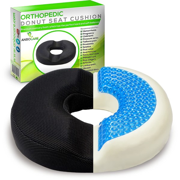 AnboCare Donut Pillow Gel Seat Cushion Orthopedic Donut Cushion, Premium Memory Foam Seat Pad, Hemorrhoid Pillow Cushion Provides Relief for Postpartum, Prostate, Coccyx & Sciatica Pain