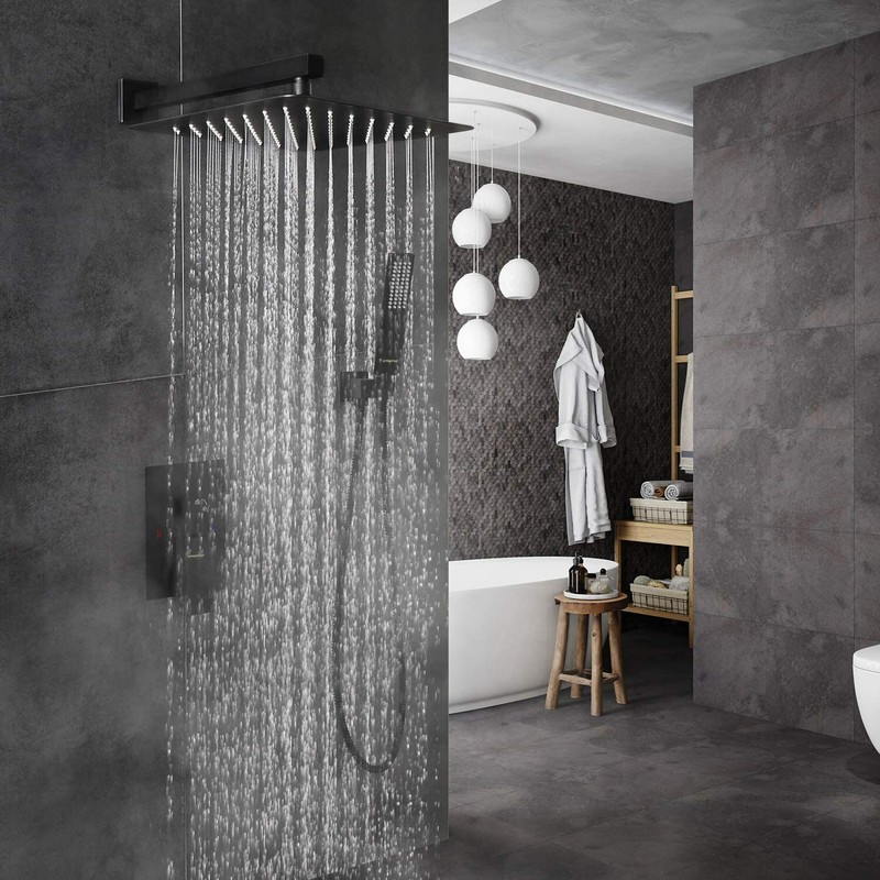 EMBATHER Black Shower System 16" Rainfall Top Spray Shower Faucet