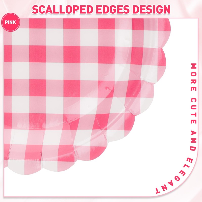 Growswally 48 Pcs Pink Gingham Plates Scalloped Paper Plates 7