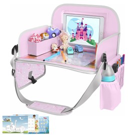 MENZOKE Kids Travel Tray, Car Seat Tray for Long Road Trips & Airplane Rides, with Cooler Cup Holder, Educational Dry Erase Board & Tablet Holder, Cute Unicorn Print, Light Purple