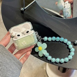 GO-VOLMON Cute Girly Strap Case for Airpods 4, Woman Kawaii Soft Protective Cover for Airpods 4th Generation with Lovely Keychain Lanyards Aesthetic Design, Curly Wave Green Flowers