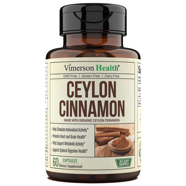 Organic Ceylon Cinnamon - Herbal Dietary Supplement for Heart, Brain & Digestive Health - Metabolism & Antioxidant Support. Gluten & GMO Free. 60 Vegan Capsules