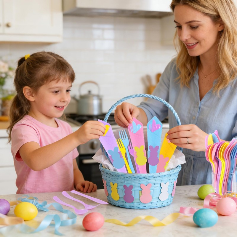 FULJOOY 24 Pack Easter Pre Rolled Cutlery Silverware Utensil Set
