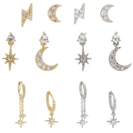 ANATTASOUL 12 Pieces Dainty Earring Sets Cubic Zirconia Moon Earrings Star Earrings Golden Earrings For Women Multiple Piercings Huggie Earrings Asymmetrical Stud Earrings Jewellery Gift For Wedding,