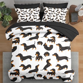 Pamnest Comforter Set Full Size, Dog Family Animal 7 Pcs Bedding for Kids and Adults, Happy Cute Dachshund Bed Sheet Sets with Fitted Sheet 2 Pillowcases & 2 Shams for Bedroom Bed Decor