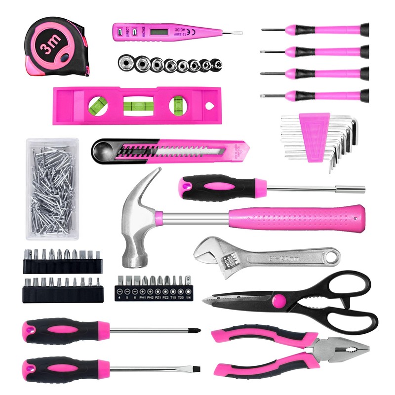 SOLUDE 206-Piece Pink Tool Set,Basic Home Tool Kit for Women