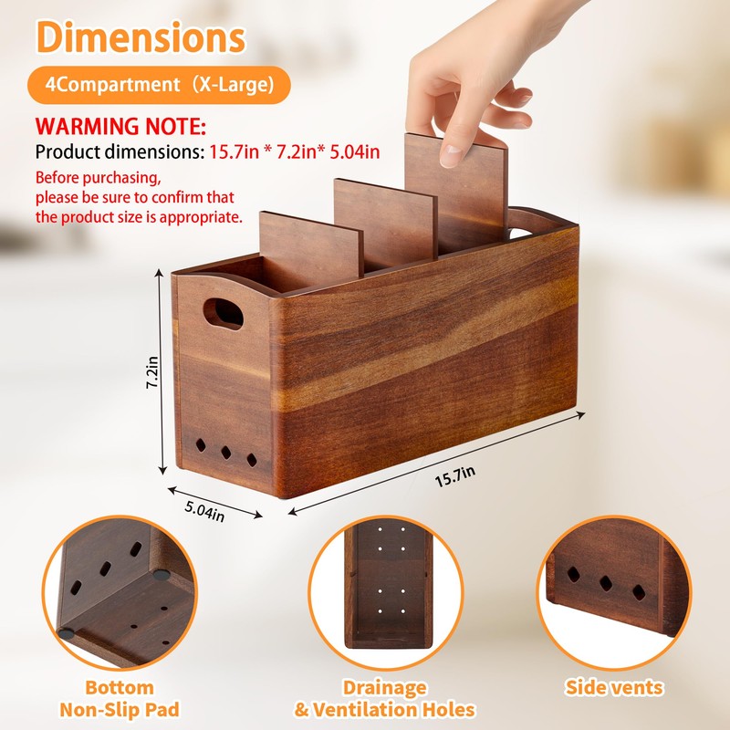 PrimZooty Natural Acacia Wood Utensil Holder for Kitchen Counter (X-Large),
