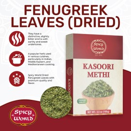Spicy World Dried Fenugreek Leaves (Kasoori Methi) 3.5oz Box (100g) - All Natural | Vegan | Gluten Friendly | NON-GMO | Indian
