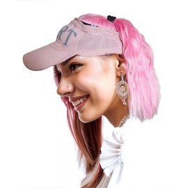 LEEWIN Visor Cap with Single Color Corn Curly Style Velcro Hair Piece,Wig Hat Hairpiece for Women Girls (14inch, Light Pink Hair,Pink Hat)