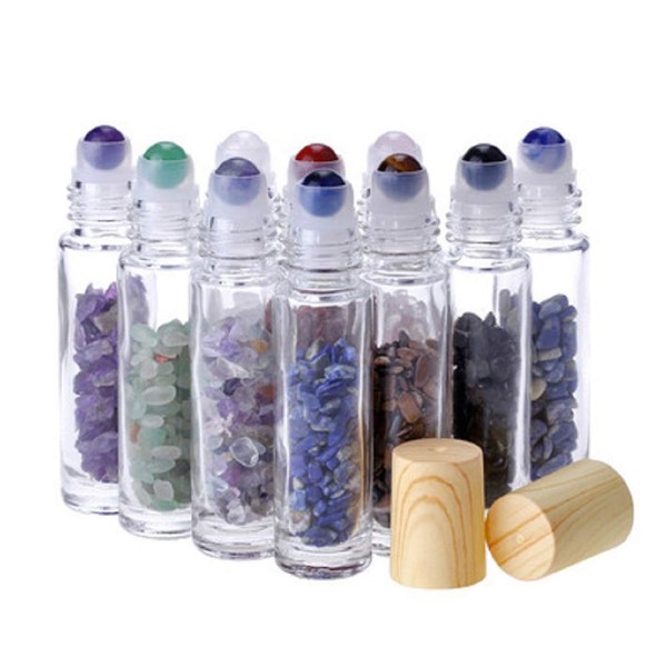 10Pcs 10ml Natural Semiprecious Stones Essential Oil Roller Bottles Clear Glass Roll-on Bottles Gemstone with Wooden Caps and Healing Crystal Chips Inside