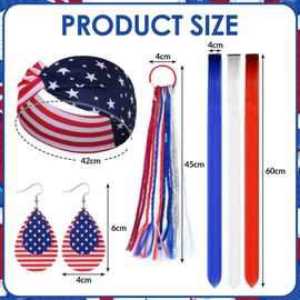 4th of July Accessories Set Include Patriotic Headband Hair Tie Red White and Blue Earrings Red Blue White Wig for Women Independence Memorial Day Party Decorations