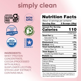 Simply tera's Pure Whey Protein Powder - Dark Chocolate Clean Protein Powder, Grass Fed Whey Protein Powder Without Artificial Sweeteners, Clean Label, Non-GMO, Kosher, rBGH-Free - 12 Oz