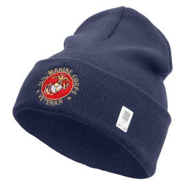 US Marines Corps Veteran Emblem Logo Embroidered 12 Inch Solid Knit Cuff Long Beanie Made in USA - Navy OSFM