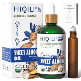 Aceite de Almendras Dulces HIQILI  Sweet Almond Oil, 100 Pure Organic Carrier Oil, 3.38 Fl Oz                                                         
