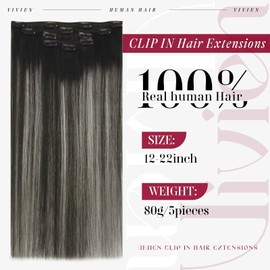 Vivien Clip in Hair Extensions Real Human Hair Clip in Extensions Ombre Off Black Fading to Silver Grey Balayage Hair Extensions Clip in Human Hair Silky Straight 20 Inch 5Pcs 70g