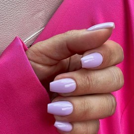 Lilac Press on Nails Medium Coffin Fake Nails Press ons, KXAMELIE Full Cover False Nails Tips Medium Length Glue on Nails Natural Thick Long Acrylic Nails 24Pcs Solid Color Coffin Nails for Women