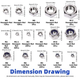 Glarks 242Pcs Nylon Insert Hex Lock Nuts and Hex Nuts Assortment Kit, 304 Stainless Steel Metric Sizes M2 M2.5 M3 M4 M5 M6 M8 M10 M12