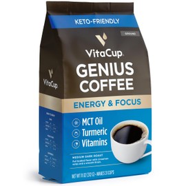 VitaCup Genius Ground Keto Coffee w/Turmeric, MCT Oil, B Vitamins, D3, Ground Coffee Medium Dark Roast, Bold & Smooth, 100% Arabica Coffee Grounds, 11 oz