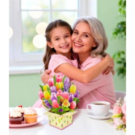 Colorful Tulip 3D Pop Up Spring Greeting Card for Mother’s Day Birthday Easter Anniversary Thank You Sympathy Get Well, Handmade Floral Bouquet for Mom, Grandma, Wife, Teacher, with Envelope and Blank Note Card