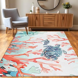 Ocean Coral Rugs,5x7ft Beach Carpet Red Blue Coral and Green Seaweed Printed Rugs,Ocean Themed Carpet for Bedroom Living Room Children's Room Cute Pink Non Slip Floor Mats