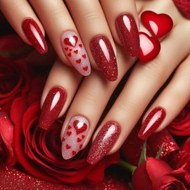 Valentines Press on Nails Medium Almond MABKJLF Wine Red Fake Nails False Nails with Designs Heart Glitter Full Cover Glossy Glue on Nails Stick on Nails for Women Girls 24 Pcs