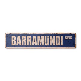 BARRAMUNDI Vintage Aluminum Street Sign Fishing Fisherman Fish Lover Restaurant Rustic Metal tin | Indoor/Outdoor | 30" Wide