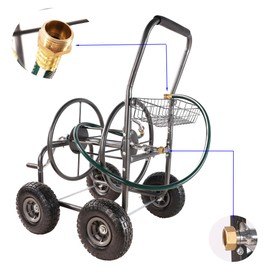 LOPOO Portable Garden Hose Reel Cart with 4 Wheels and Storage Basket, Rust-Resistant, Dark Grey