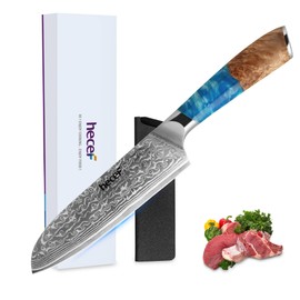 hecef Damascus Chef Knife, High Carbon Stainless Steel Ultra Sharp Janpanese Kitchen Knives with Resin Handle for Fruit & Vegetable Cutting (7 inch)