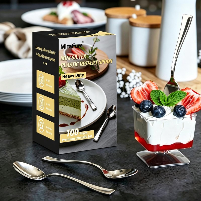 Silver Mini Plastic Spoons, 100 Pack, 4 Inch